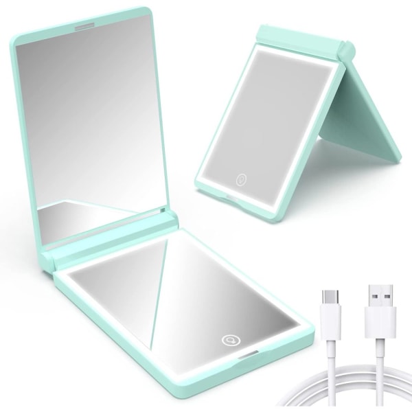 Vikbar fickspegel, LED USB handhållen spegel med 2x förstoring, 300° hopfällbar och 2-sidig magnetomkopplare, handspegel liten resespegel