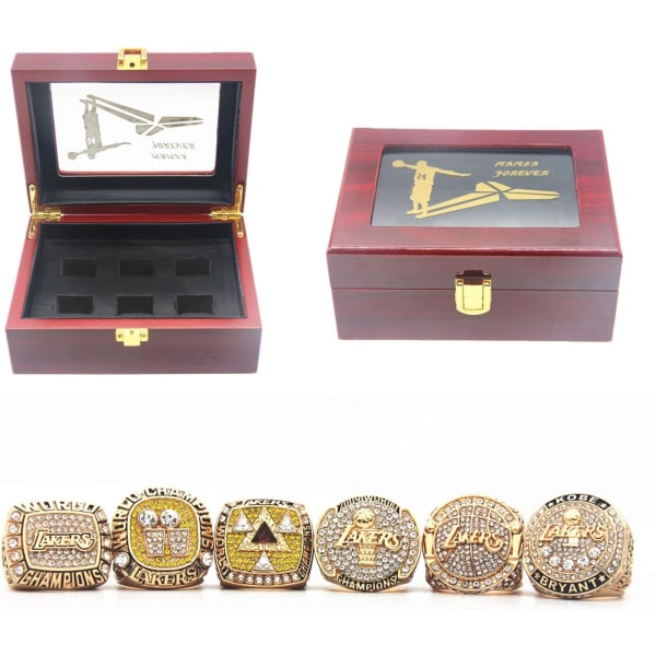 2000 2001 2002 2009 2010 LA Championship Replica Ring Lakers set storlek 11 med Deluxe Wood Box och 2016 K'o'b'e Retirement Commemorative Mamba