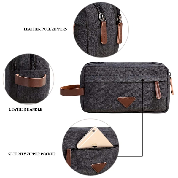 Toalettväska för män med dubbla fack, canvas läder kosmetisk sminkorganisatör rakning Dopp kit - Svart