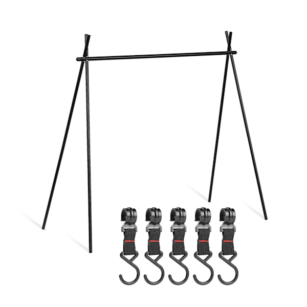 Campingställ Aluminiumlegering Fällbar Triangulär Hylla Hopvikbar Hängande Organizer Stativ för Utomhus Samll Storlek med 5 Krokar Svart