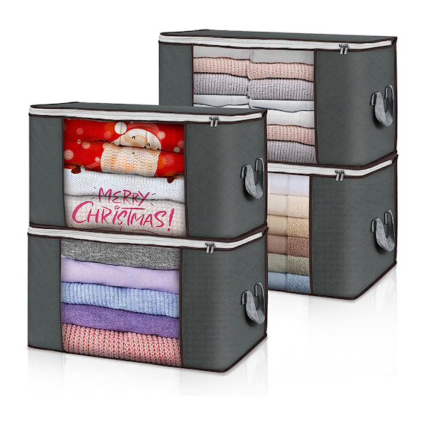 4-pack 90L förvaringsväskor, stor klädförvaring, hopfällbar förvaringslåda med lock, stor för kläder, täcken, sängkläder (grå)