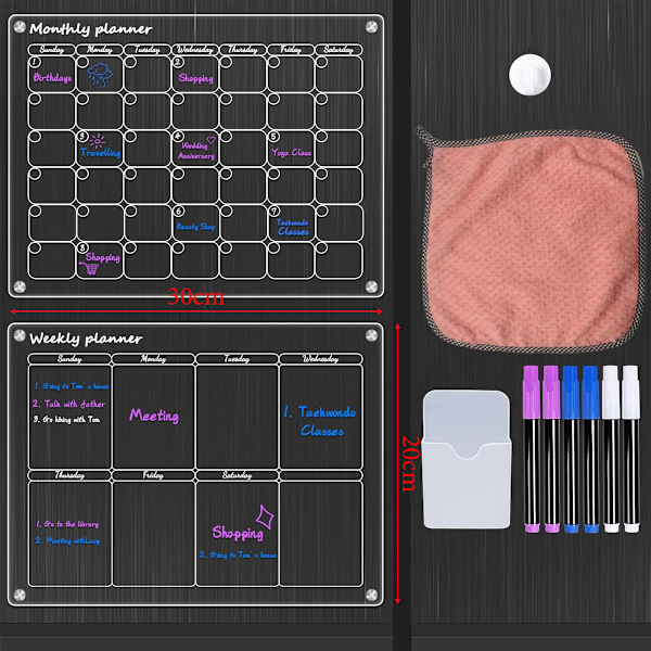 Kalender för Kylskåp, Akryl Magnetisk Whiteboard Återanvändbar, Lätt att Skriva & Radera, Premium Akrylmaterial, 2 st