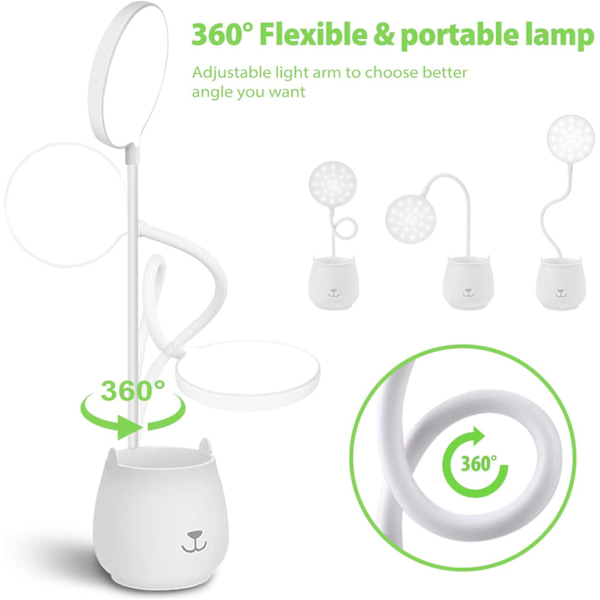 LED-skrivbordslampa, med pennhållare telefonhållare, trådlös, touchkontroll flexibel justerbar ljus USB-laddningsbart batteri, lämplig för sovrum,