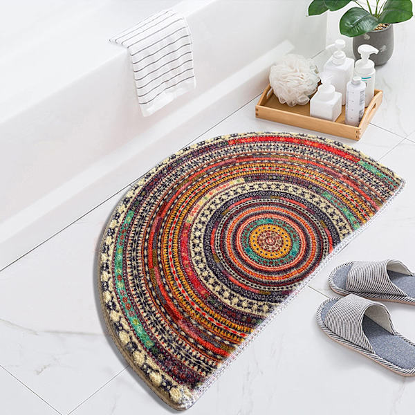 Halvrund dörrmatta, halvrund badrumsmatta, mandala boho bohemisk halkfri välkomstmatta, absorberande badrumsmatta i mikrofiber