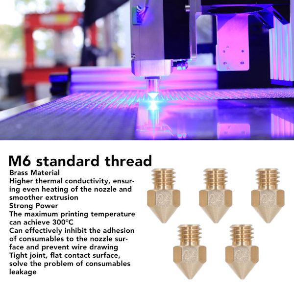 5 st 3D-skrivarmunstycke M6 Hög Värmeledningsförmåga Mässing Hot End Munstycke för CR10 1.75mm Filament 0.4mm