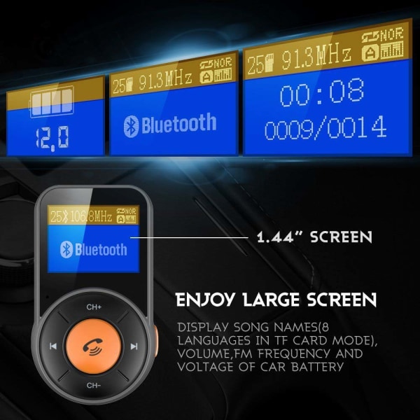 Bluetooth FM-sändare för bil, 1,44'' bil FM-sändare QC 3.0 snabbladdningsbilsats, Bluetooth 4.2 HD ljudbilladdare, enknappsdriftbil