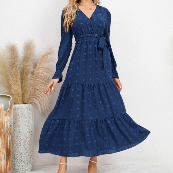 Klänning långärmad dam V-ringad tunika klänning elegant Swiss dot casual klänningar höst vinter cocktail klänning festklänning med bälte
