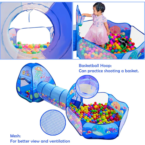 3-i-1 Lekstuga för Barn med Tunnel, Bollhav, Basketkorg för Pojkar & Flickor, Pop Up Lektält för Småbarn, Leksak för Baby Inomhus/Utomhus, Present till Årsgammalt Barn