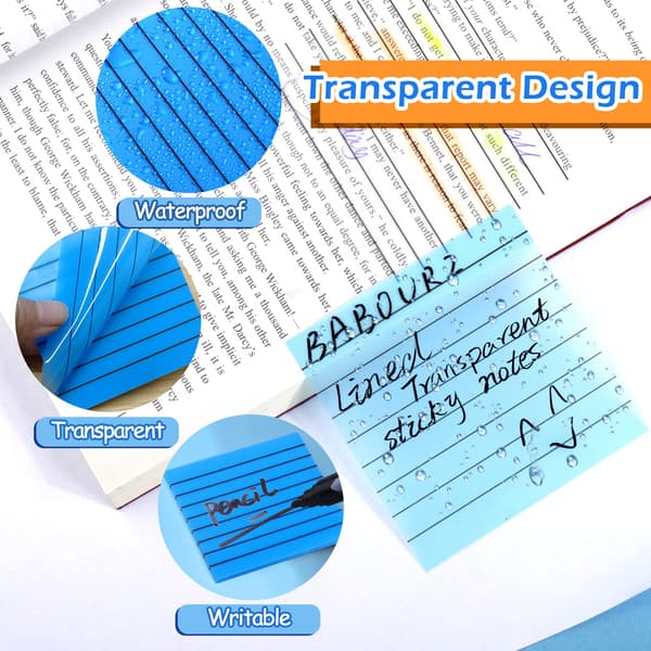 Super Sticky Lined Translucent Sticky Notes, Transparent Sticky Notes 3x3 Inch Clear With Smooth Writing Surface