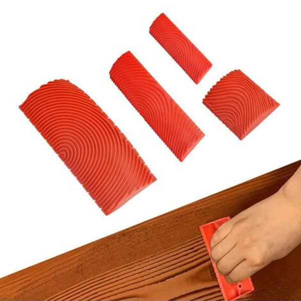 4 stycken gummiträverktygsgummi målningsverktyg kam faux trä DIY imitation färgvalsar för väggdekor möbler (röd)