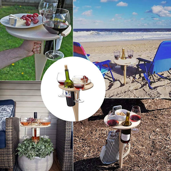 Bärbart Vinbord Utomhus Vinbord Trä Bärbart Strandbord Bärbart Mini Trä Picknickbord Modernt Vinglasställ Flaska och Glashållare
