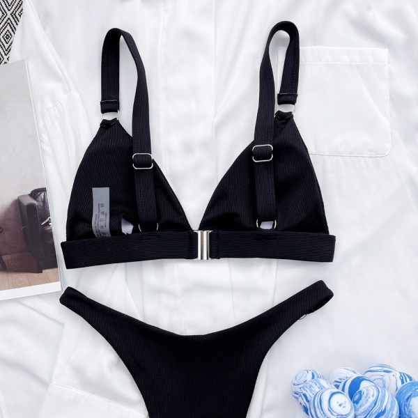 Ribbstickad O-ring bikini baddräkt för kvinnor Fräck stringtrosa