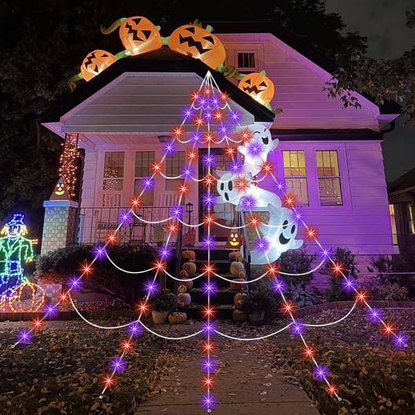Halloween-dekorasjon utendørsbelysning edderkoppnett, 250 LED-er, 8 lysmoduser, 5 meter langt gigantisk edderkoppnett