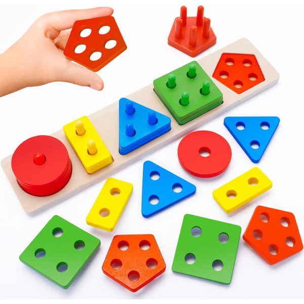 Leksaker för 1 2 3 4 år gamla småbarn, sorterings- och staplingsleksaker i trä (3 i 1 Multi_Play) för småbarn Förskola, färgigenkänning formsorterare