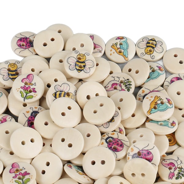 100 st 0,6 tum blandade tryckta träknappar DIY hantverksknappar dekorativa runda knappar för sömnad hantverk stockfärg bin fjärilar blommor och