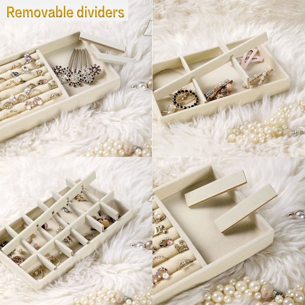 Set med 4 smyckesbrickor, smyckesförvaringsorganisatör lådvisningshållare för örhängen, halsband, armband beige