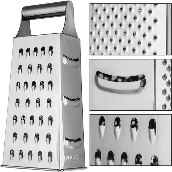 Ergonomisk 4-sidet rivejern, pyramidestil med opbevaring, nem vedligeholdelse, rustfrit stål