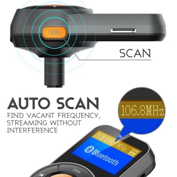 Bluetooth FM-sändare för bil, 1,44'' bil FM-sändare QC 3.0 snabbladdningsbilsats, Bluetooth 4.2 HD ljudbilladdare, enknappsdriftbil