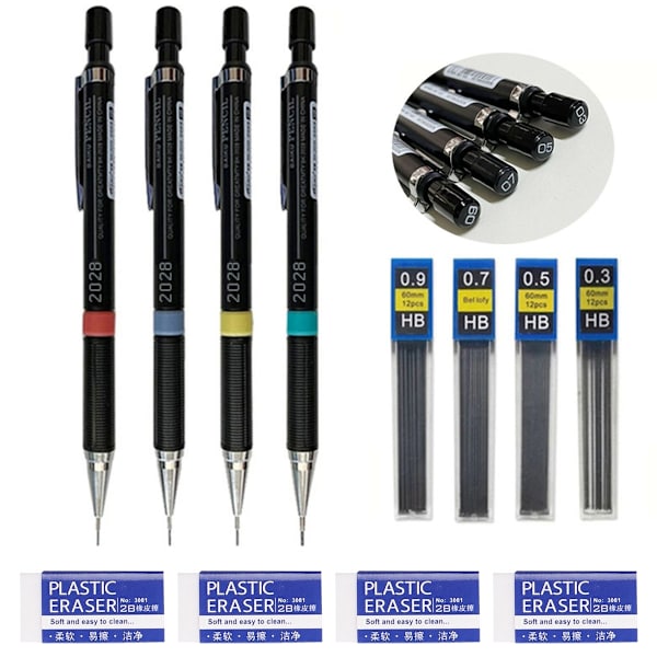 Mekanisk blyertspenna 0.3/0.5/0.7/0.9 mm, 4 rör (48 stycken) stift HB och 2 suddgummin, mekanisk penna för skissning, ritning, skrivning