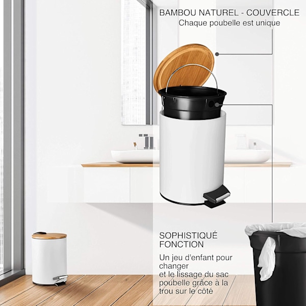 3L Bambu Trälock Papperskorg, Elegant Design Pedalhink med Mjukstängningsmekanism för Badrum, Sovrum och Kök, Fingeravtrycksresistent Yta