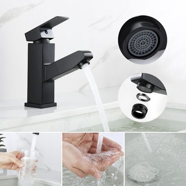 Blandare för handfat med utdragbar spray, svart blandare för badrum, kranhöjd 187 mm