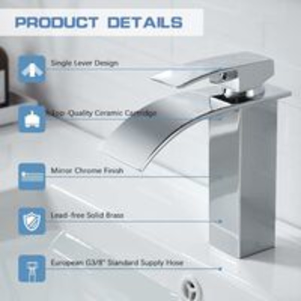 Modern Cascade badrumskran, elegant design kaskad tvättställsblandare, mässings badrum mixer, varmt och kallt vatten tillgängligt, kromat kaskad kran G