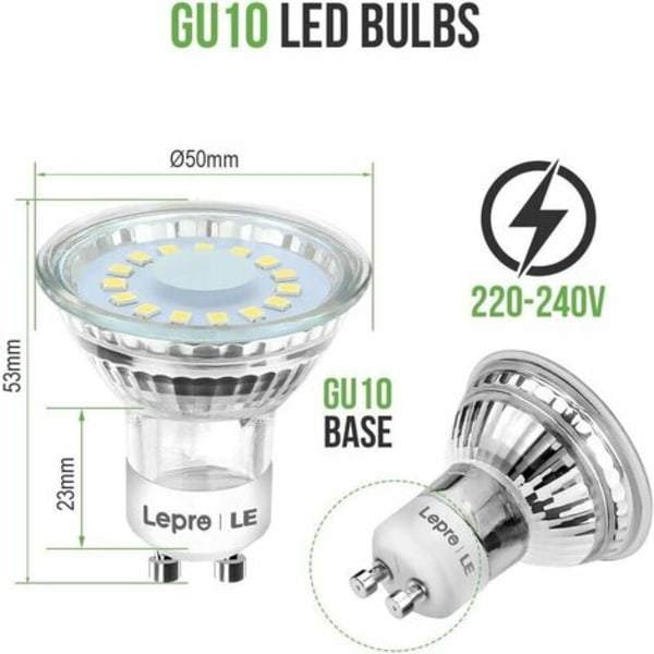 10-pack GU10 LED-lampor, kallvitt 5000 K, motsvarande 50 W halogenspot, 4 W 325 lm energibesparande, 110° bredstråle, ej dimbar.