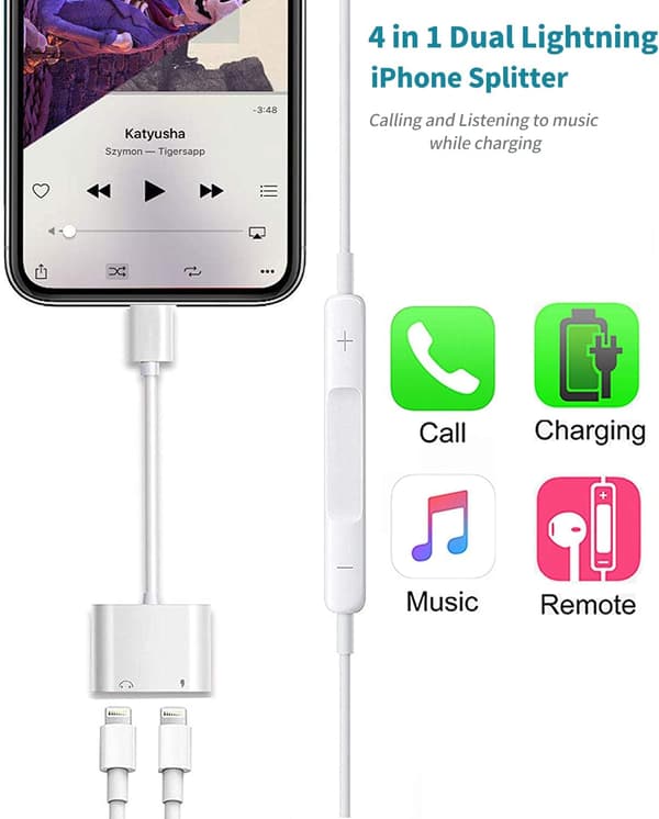 4 i 1 Hovedtelefonadapter til iPhone, [Apple Mfi Certificeret] Dobbelt L
