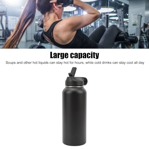 32oz Isolerad Vattenflaska 304 Rostfritt Stål Läckagesäker Vakuum Sportflaska med Sugrör för Gym Cykling Resor Svart