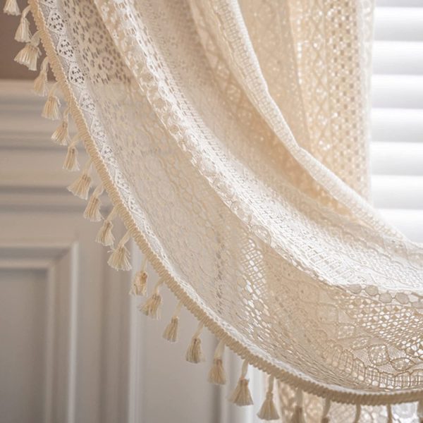 Vintage Country House Style Virkad Stickad Gardin Boho Bohemian Gardiner Ihålig Ihålig Ut Med Tofsar Set Om 2 Gardiner Utomhus Bomullsträdgårdar