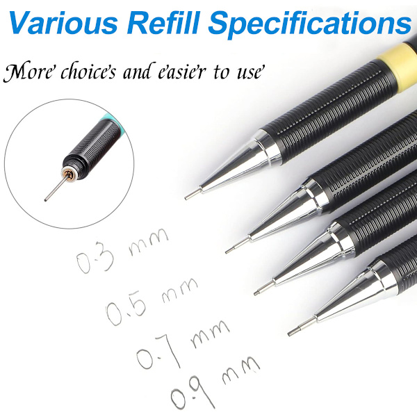 Mekanisk blyertspenna 0.3/0.5/0.7/0.9 mm, 4 rör (48 stycken) stift HB och 2 suddgummin, mekanisk penna för skissning, ritning, skrivning