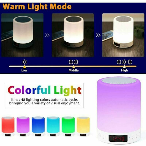 Bluetooth-högtalare, smart touchsensor nattlampa med FM-radio väckarklocka, dimbar 7 färger RGB sänglampa för sovrum, bärbar med omgivande