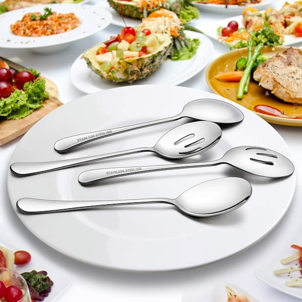2 stora serveringsskedar, 2 slitsade serveringsskedar, 2 serveringsgafflar, 9,8 tum rostfritt stål buffé catering fest bankett serveringsskedar gafflar set,