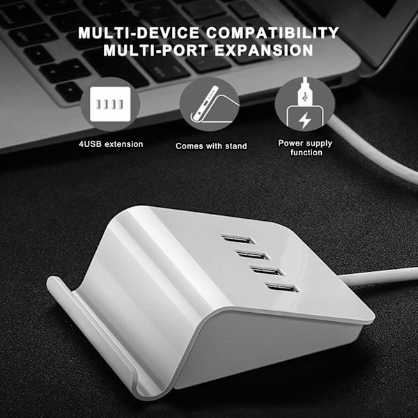4-portars USB-hubb splitter strömadapter med telefonhållare för Android/IOS mobiltelefon bärbar dator vit