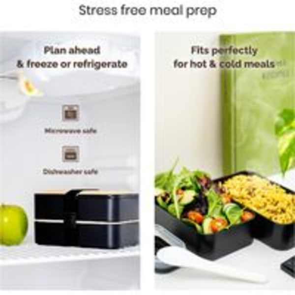 Lunchlåda Svart|Japansk Design Bento 3 Fack |Bentolåda i Bambu 2 Lufttäta Fack 1200 ML |Mikrovågsugn Diskmaskin |Trälunchlåda