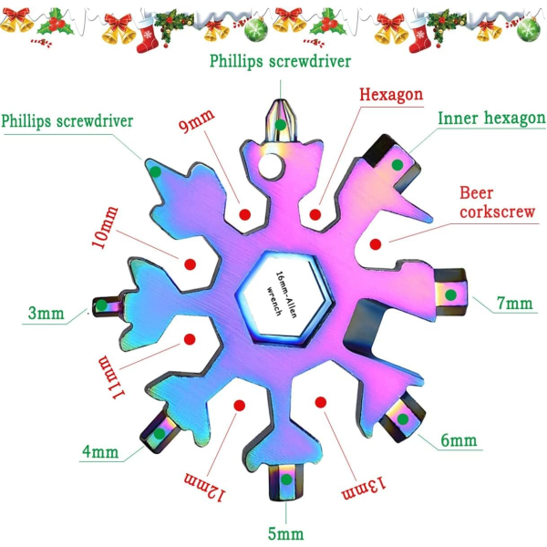 Multifunktionell, 18 i 1 snöflinga multiverktyg, snöflinga verktyg, snöflinga nyckelring för julklapp till man, far, bror (färgglad)