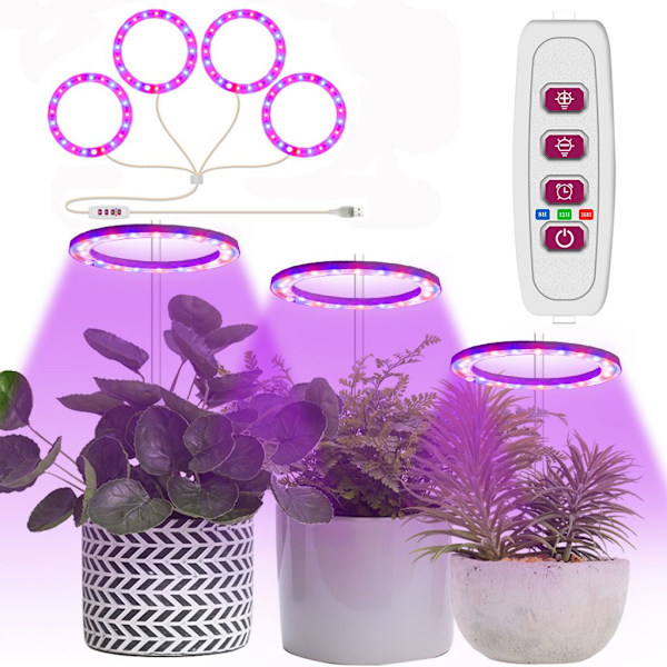 Full Spectrum LED-växtlampa Dimbar 4 Ring Växtljus Växthus Tillväxtlampa med Timer