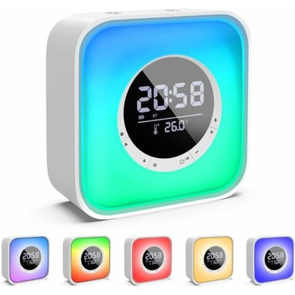 Ljusstark Väckarklocka med Bluetooth-högtalare, LED-sänglampa med 10 färgändringar, Digital Kalenderväckarklocka, FM-radio och Temperatur