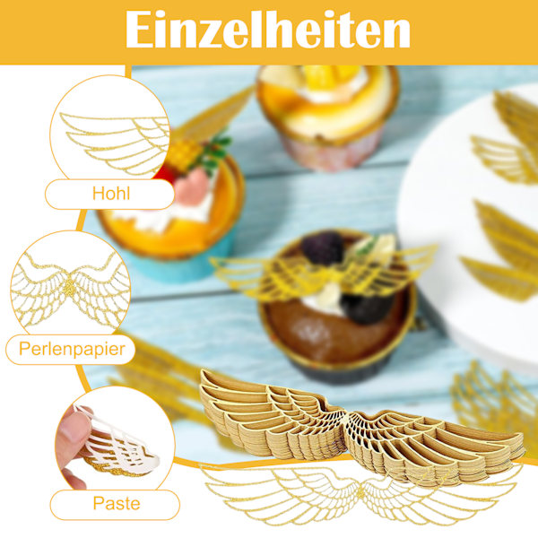 Paket med 50 gyllene glittervingar för tårtdekoration, tårtdekoration med 50 stycken pricklim gyllene glänsande vingar för godis tårtor cupcakes fest temafest
