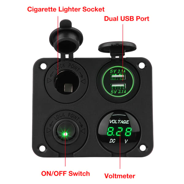 Opladerpanel til køretøjsbrug, 4-i-1 opladerpanel med dobbelt USB-oplader, LED-voltmeter, vippekontakt og cigarettænderstik