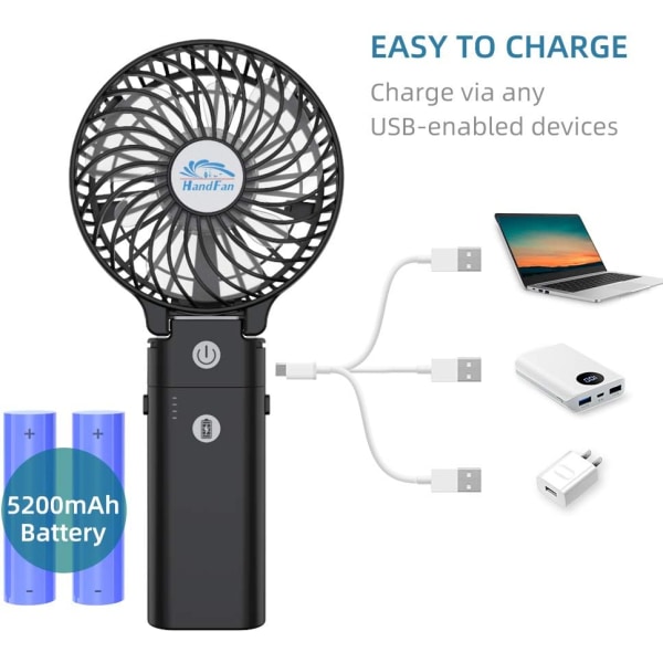 Mini Bärbar Fläkt Handfläkt USB Laddningsbart Batteri 3 Hastigheter 180° Fällbar Liten Skrivbordsfläkt Powerbank Handfläkt 3 i 1 Kontor,Resor