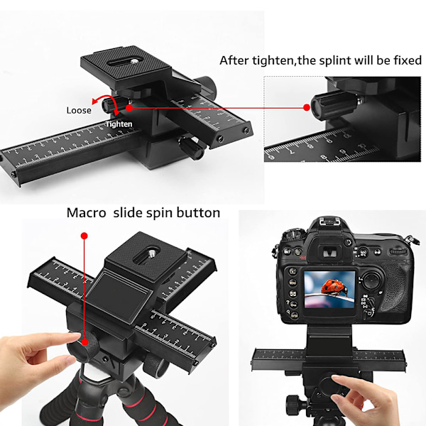 4-vägs makro fokuseringsskena 3D justeringsslide makroslider för närbildsfotografering digitalkameror med 1/4 tums skruvhål