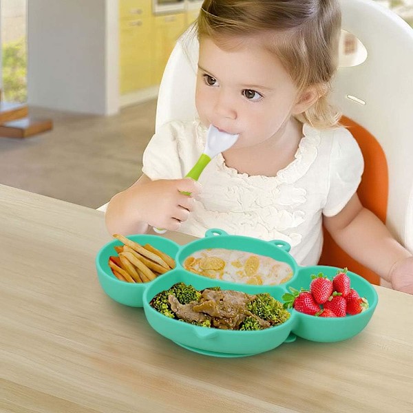 Vicloon Babytallrik, Halkfri Silikon Bordstablett med Sugkoppar och Flexibel Sked + Gaffel, BPA-fri, Kan Användas i Diskmaskin och
