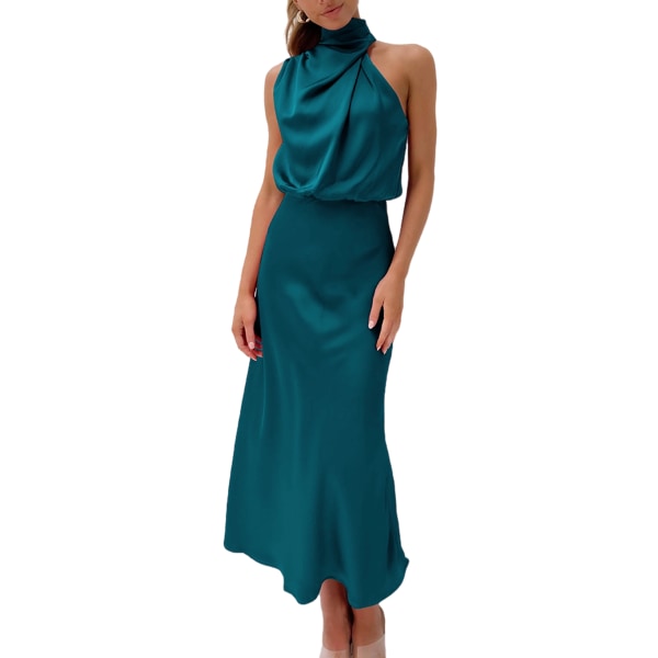 Elegant ärmlös grimma satin sommar bröllopsklänning för kvinnor (M) Blue S