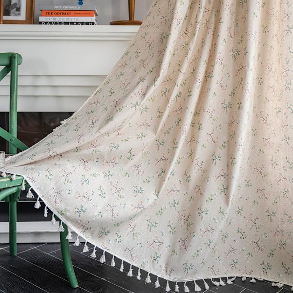 Boho ogenomskinliga gardiner, beige bomullslinne macrame gardiner med tofsar och virkade stickade vertikala ränder för vardagsrum sovrum matsal 1