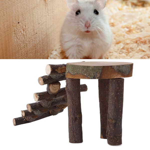 Trähållare för hamster med plattform, naturligt äppelträ, tuggleksak för små husdjur, träpärlor, enkel stege, plattform
