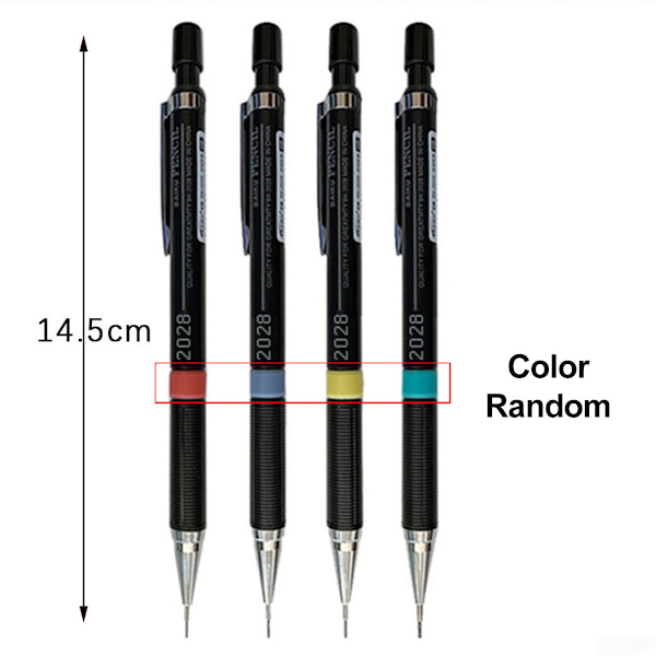 Mekanisk blyertspenna 0.3/0.5/0.7/0.9 mm, 4 rör (48 stycken) stift HB och 2 suddgummin, mekanisk penna för skissning, ritning, skrivning