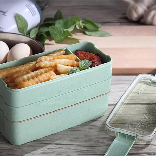 Stapelbar Bento Lunch Box Kit, 3-i-1 fack vete halm lunchlådor med bestick, återanvändbara mat- och mellanmålsbehållare för resor