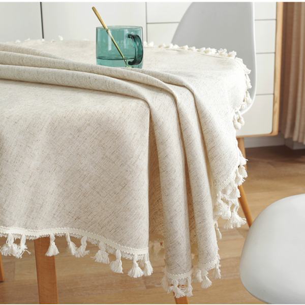 Beige bordsduk rund 150 cm tvättbar linne bomull bordsduk skrynkelfri dammtät med tofsar för kök, matsal, matbord, kaffe