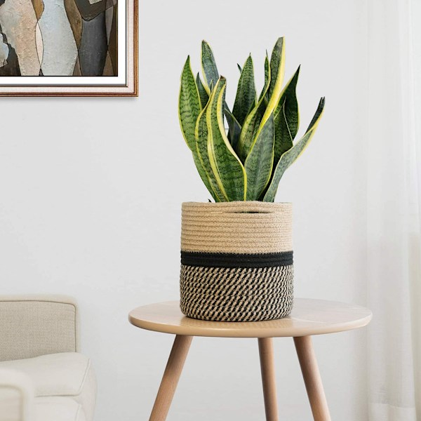Blomkruka Planterkorg Bomull Rep Korg Förvaring Korg Flätad För Leksaker Filtar I Barnrum 21x21cm, Svart & Jute